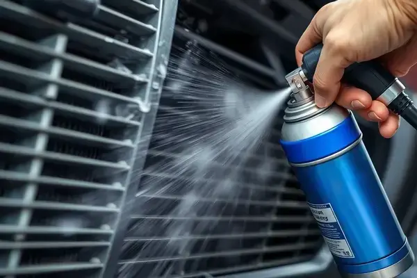 AC condenser being cleaned and inspected in the service bay
