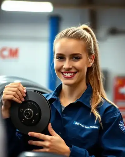 Close up of mechanic Sarah checking brake caliper on vehicle lift