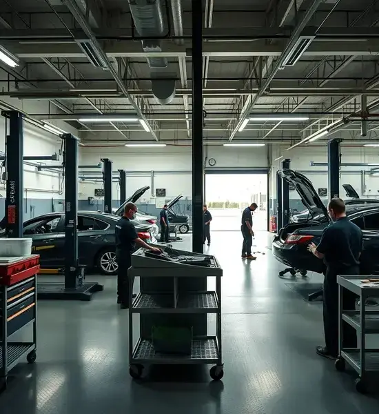 Grimanis Garage team working on multiple vehicles in spacious repair bay
