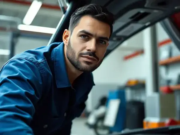 Professional mechanic working on car engine in well-equipped garage