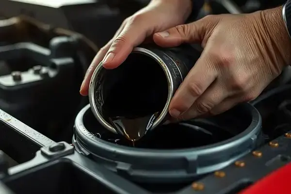 Old oil draining from engine during oil change service