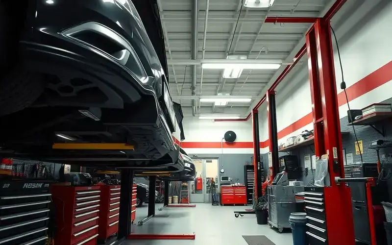 Modern auto repair service bay at Grimanis Garage with car on lift and organized tools