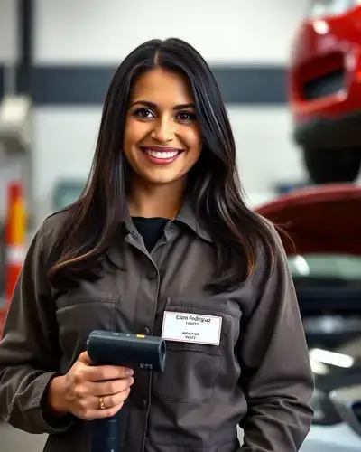 Elena Rodriguez, 38 years old woman with long dark hair in mechanic coveralls holding diagnostic scanner