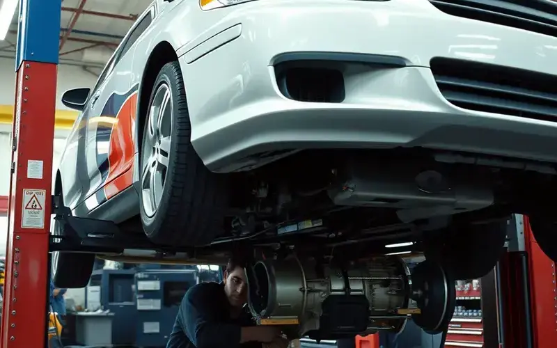 Transmission fluid drain plug being opened under a vehicle on lift